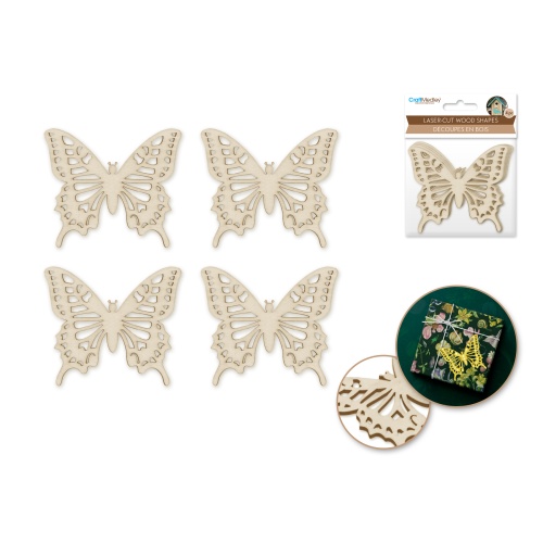Wood Craft: 8cm Laser-Cut Ornate Wood Shapes x4 I) Butterfly 2