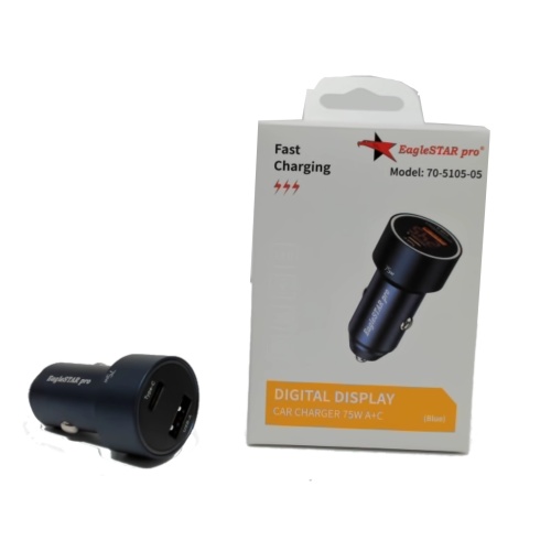 Car charger for phone or tablet - super fast PD Type-C® and fast USB-A 75W - digital voltage display