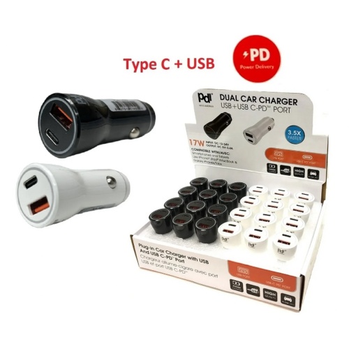 USB Car Charger Type-C® & A 17w - assorted colours each sold individually