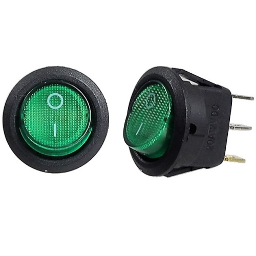 ON-OFF green rocker switch 16A / 12V S.P.S.T., 3 pins
