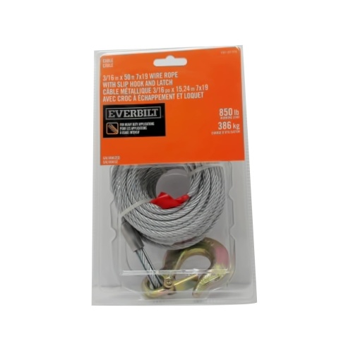 3/16 X 50' 7x19 Wire Rope w/Slip Hook & Latch 850lb. Galvanized Everbilt