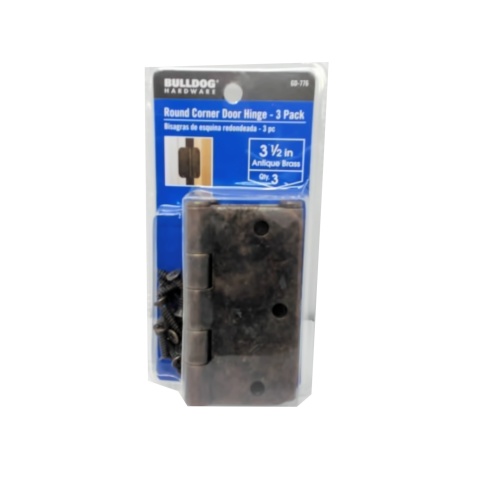 Round Corner Door Hinge 3.5 3pk. Antique Brass Bulldog