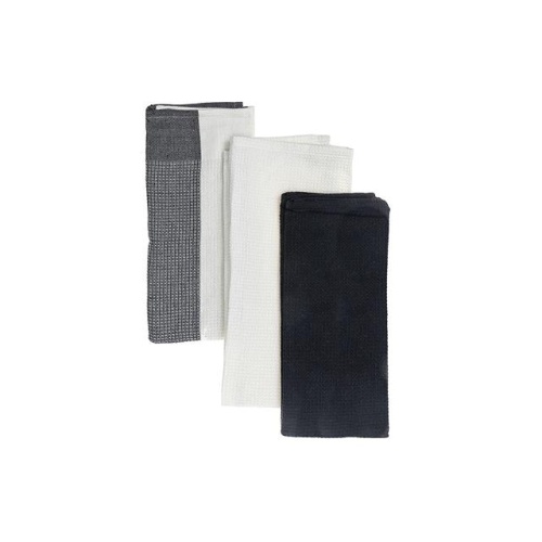 Kitchen Towel Set Of 3 Pcs Block Print Waffle  Black 18 X 28