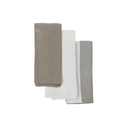 Kitchen Towel Set Of 3 Pcs Block Print Waffle  Oxford Tan 18 X 28