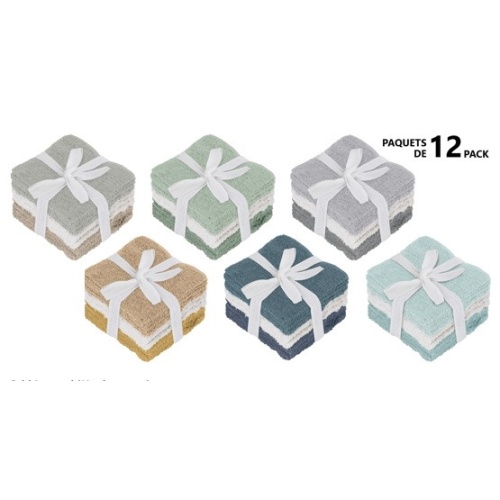 WASHCLOTHS SOLID COLOUR 12 PACK 80% COTTON/20% POLYESTER SIZE: 12 X 12