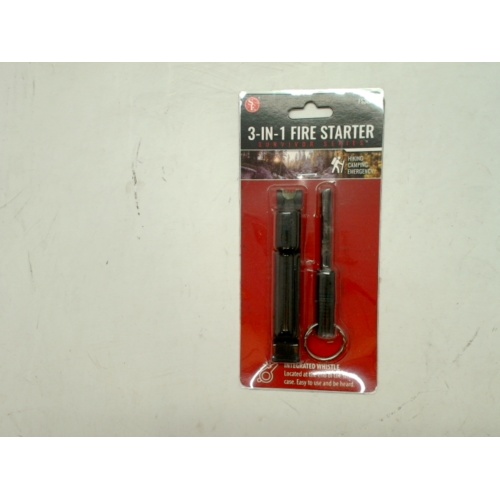 3 In 1 Fire Starter Flint Rod & Striker, Whistle, Split Ring Survivor Series