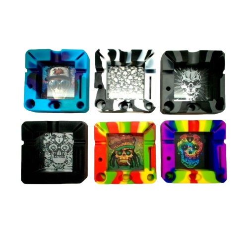 Ashtray Silicone w/Glass 4.5 Square Assorted