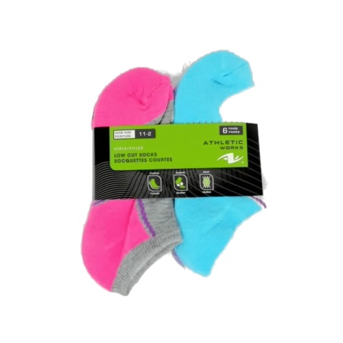 Socks Girls Low Cut 6pk. Size 11-2 Ass't Colours Athletic Works