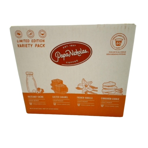 Papa Nicholas Coffee Variety Pack 80 - 10g. Cups (Hazelnut, Caramel, Vanilla, Cinnamon)