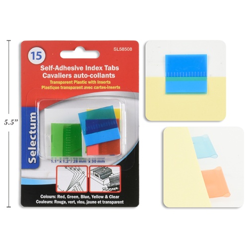 PLASTIC INDEX TAB SEL-ADHESIVTRANSP.W/INSERT 15Pk 1.5X  X0.5 CLRS.