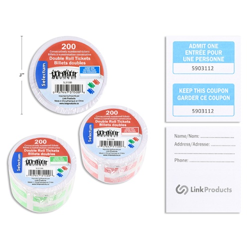 Raffle ticket coupons roll - numbered 250 per roll 3 assorted colours