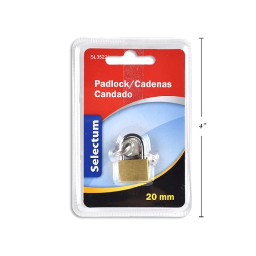 PADLOCK 20MM BRASS W/3 KEYS DOUBLE BLISTERED
