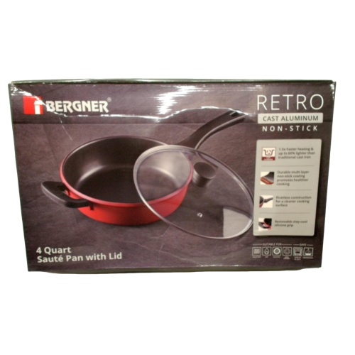 4 Quart Saute Pan w/Lid Red Retro Cast Aluminum Non-Stick Bergner