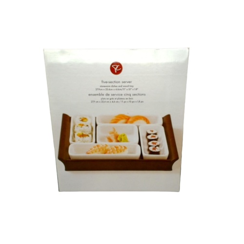 Five Section Server Stoneware Dishes & Wood Tray 11 X 10