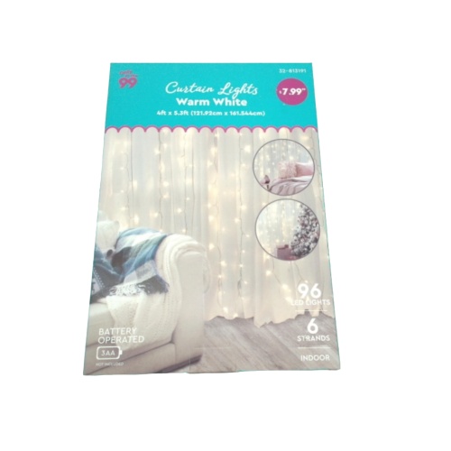 Curtain Lights Warm White 4' x 5.3' 96 Lights 6 Strands Battery Operated