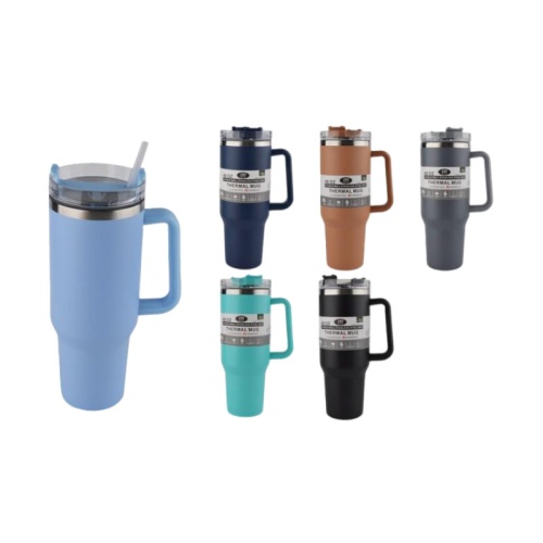 Thermal Mug Double Wall Stainless Steel 40oz W/plastic Reusable Straw Asst'd Colours