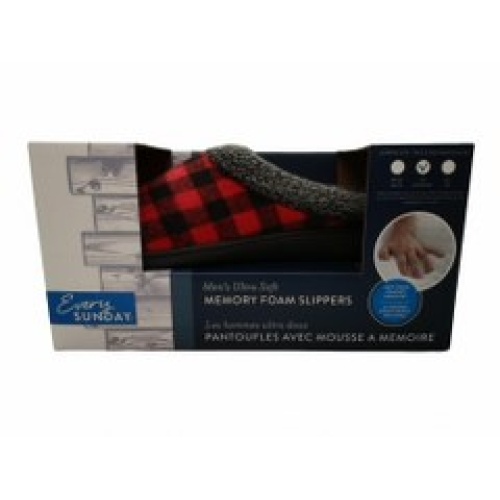 Men's Ultra Soft Memory Foam Slippers Clog Red Buffalo Check Ass't Sizes Every Sunday