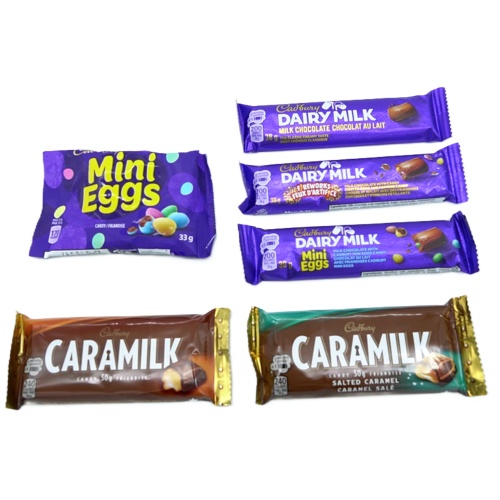 Cadbury Chocolate Bars Mini Eggs, Caramilk Or Dairy Milk 33g. - 50g. (in Display) - each