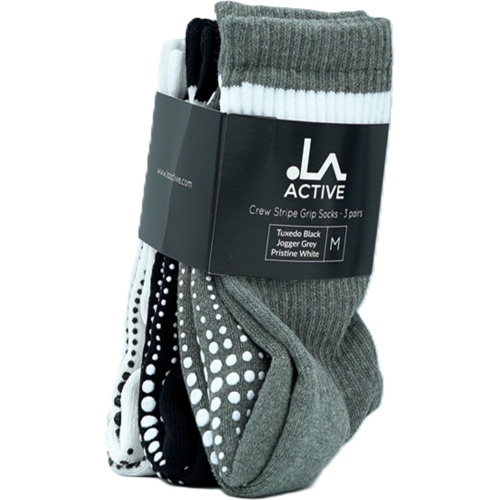 Crew Stripe Grip Socks 3pk. Black, Grey, White Medium La Active