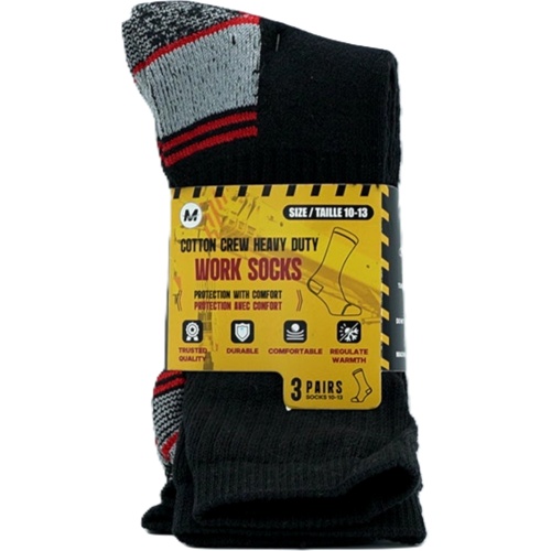 Work Socks 3pk. Black/Grey/Red Heavy Duty Cotton Size 10-13 (ENDCAP/PROMO)