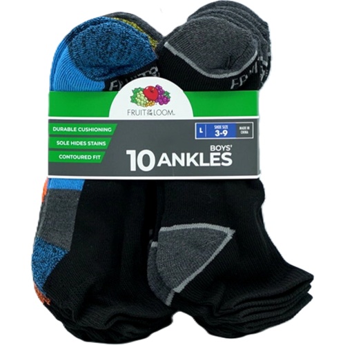 Socks Boy's 10pk. Ankles Black Assorted Size 3 - 9 Fruit Of The Loom