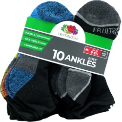 Socks Boy's 10pk. Ankles Black Assorted Size 9 - 2-1/2 Fruit Of The Loom