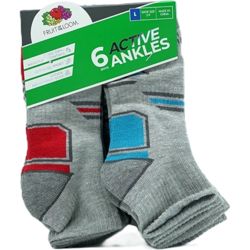 Socks Boy's 6pk. Ankles Grey Assorted Size 3-9 Fruit Of The Loom