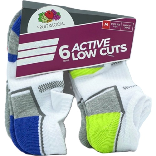 Socks Boy's 6pk. Low Cuts White Assorted Size 9 - 2-1/2 Fruit Of The Loom