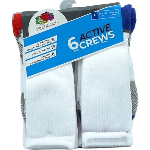Socks Boy's 6pk. Crews White Assorted Size 3-9 Fruit Of The Loom