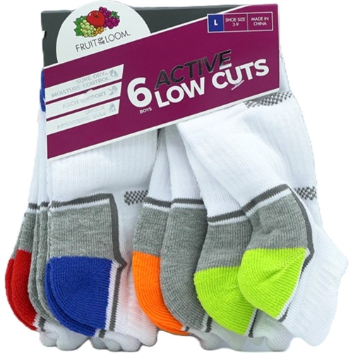 Socks Boy's 6pk. Low Cuts White Assorted Size 3-9 Fruit Of The Loom
