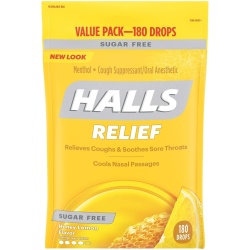 Halls Cough & Throat Relief Honey Lemon 180 Drops Sugar Free