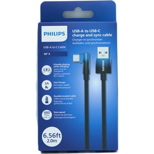 USB A - USB C 6.5Ft 90 Degree Blue Braided Cable Philips