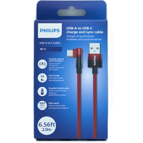 USB A - USB C 6.5Ft 90 Degree Red Braided Cable Philips