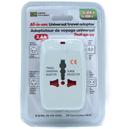 Universal Travel Adapter w/ USB Charger (2x USB A & 1 x USB C) CM Homeware