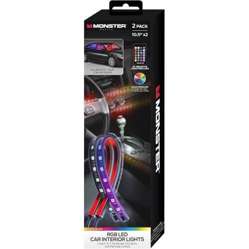 RGB LED Car Interior Strip Lights 10.5 2pk. Multicolor w/Remote Monster