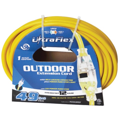 Extension Cord SJTW 12/3 50 ft 1 locking outlet lighted