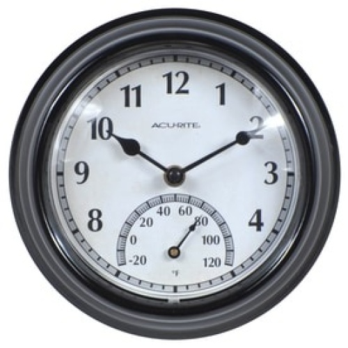 Clock w/Thermometer 8.5 Round Indoor/Outdoor Black Acu-rite
