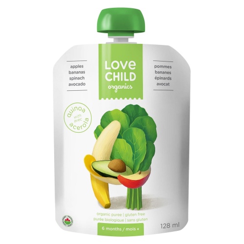 Organic Puree Apples, Bananas, Spinach, Avocado 128mL 6 Months + Love Child Organics