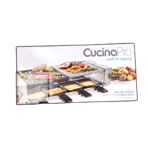 Deluxe Cheese Raclette & Table Grill w/8 Cheese Melting Trays Cucina Pro